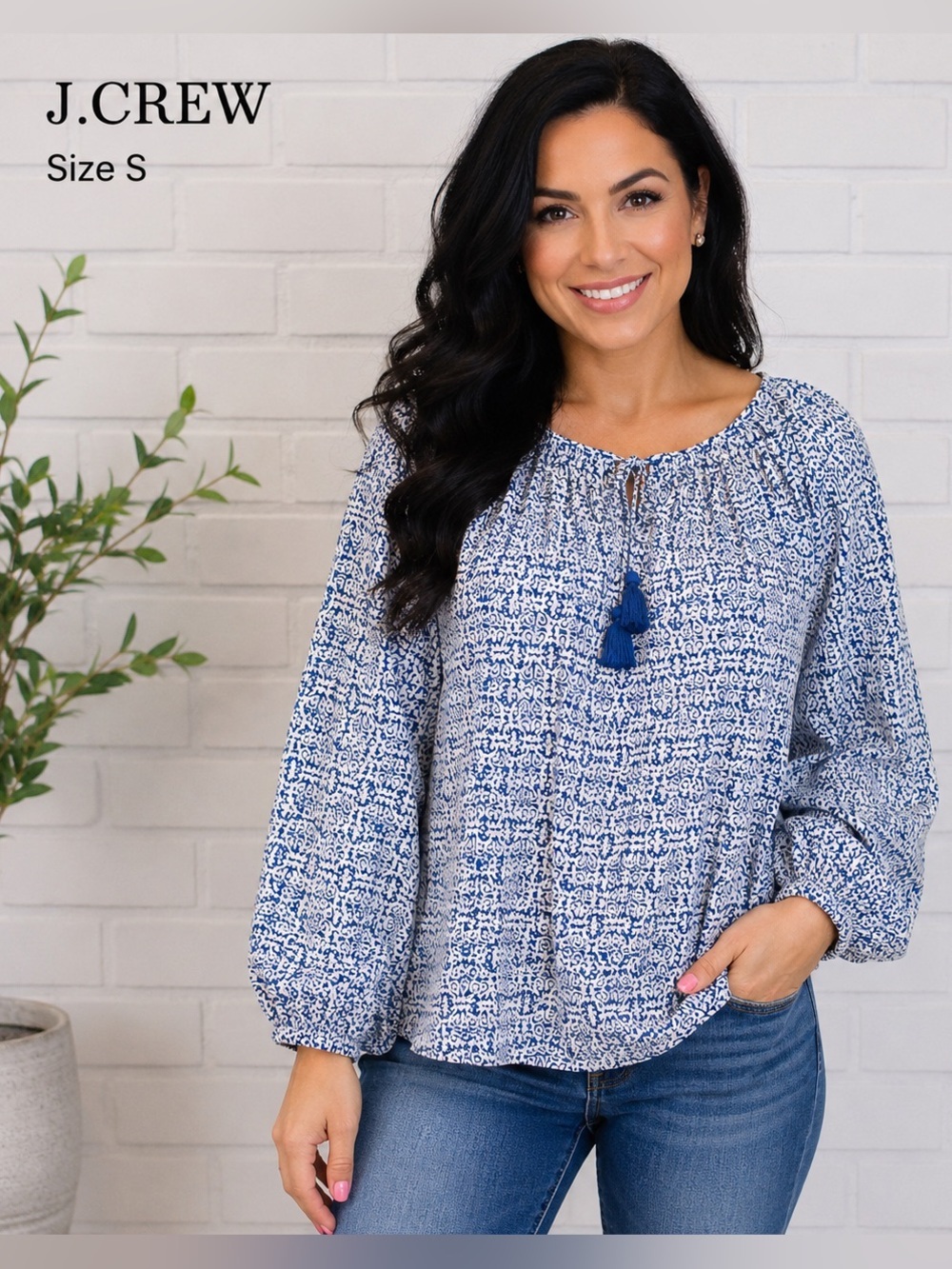 J.Crew Blue & White Tassel Tie Cotton Peasant Boho Blouse Size Small